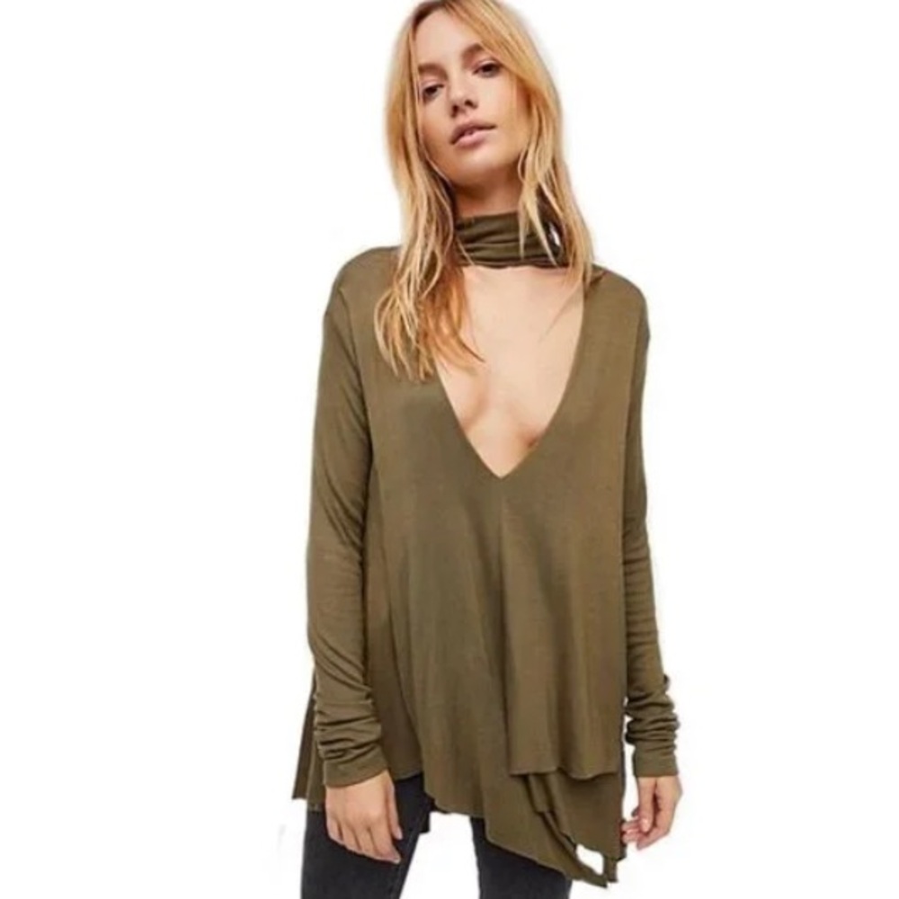 Free People Uptown Turtleneck Choker Asymmetrical Ribbed Top Army/Olive Green